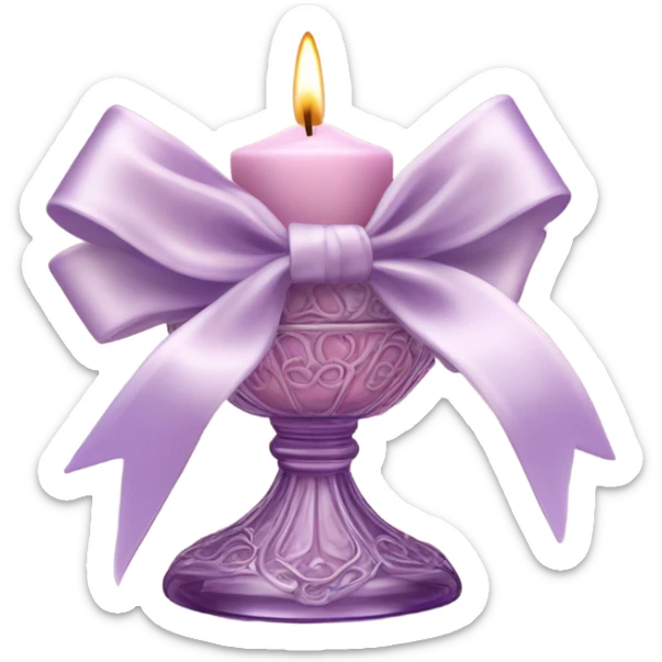 A soft pink candle in an ornate lavender glass holder, tied with a delicate satin bow. sticker