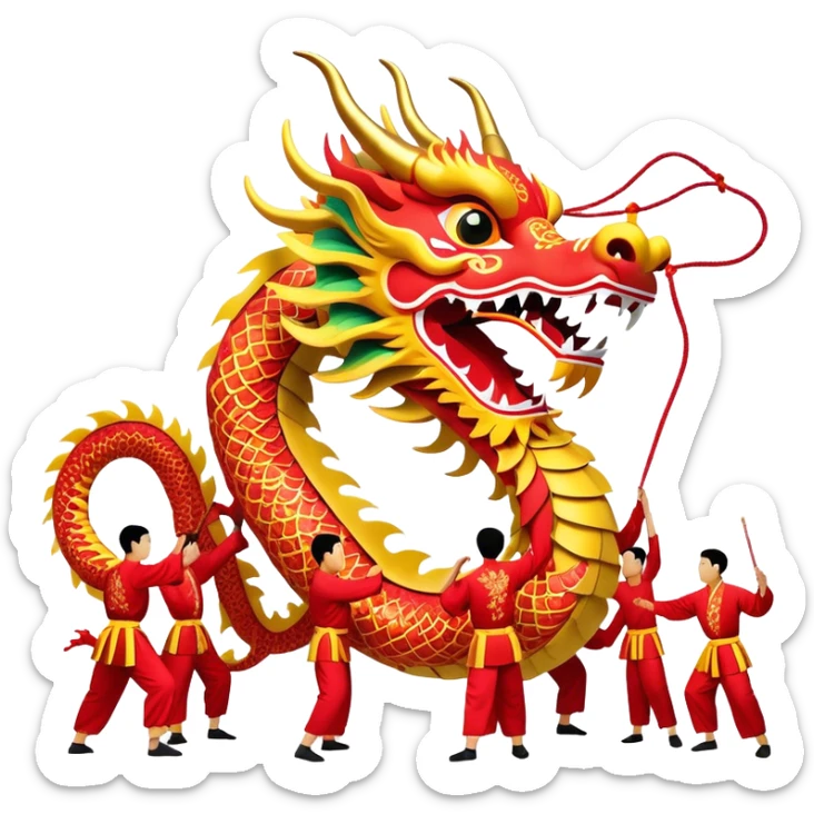Cinematic Realistic scene of a traditional Chinese Dragon Dance featuring a team of performers skillfully manipulating a colossal, flexible dragon puppet, its intricately detailed, vibrant scales and flowing, embroidered fabric catching the light, set against a festive backdrop of red lanterns and dynamic red-tinged lighting that accentuates the majestic presence of the dragon puppet. sticker