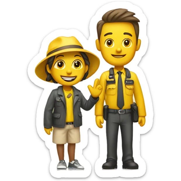 Agent welcoming tourist to his place to stay. Yellow. Background. sticker