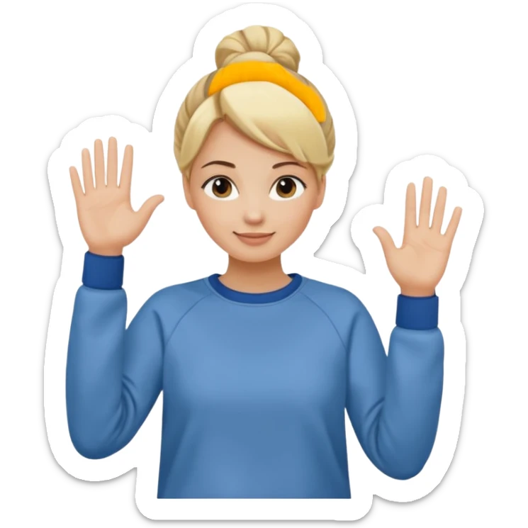 blonde woman with bun in casual clothes and sweat shirt waving sticker