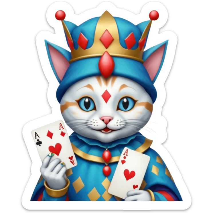 crazy colorful cute little cat jolly joker from poker, medieval, vintage, court jester, mac os icon, blue color, holds an ace poker card (clearly detailed and precise) sticker