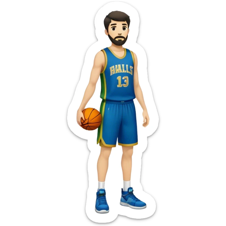Full Body  white male basketball player with short shaggy dark hair and gold tee beard wearing blue and green uniform sticker