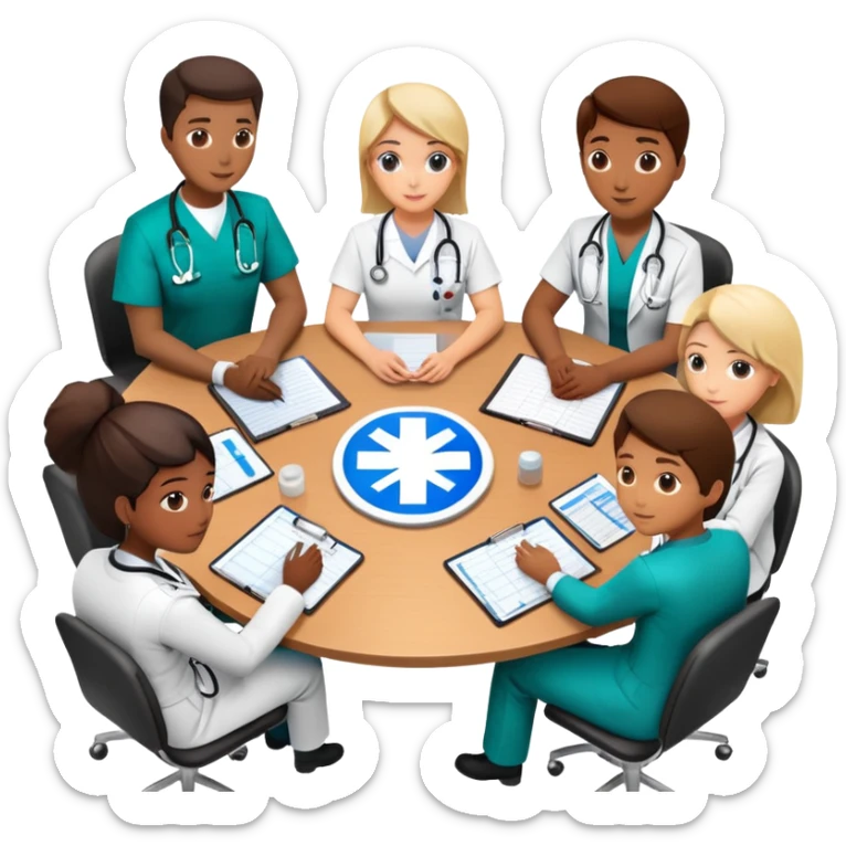 Group of medical professionals sitting around a table in a meeting, with emergency medical symbols sticker