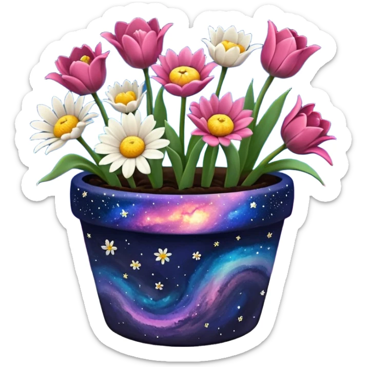 Galaxy Painted flower clay pot of Space Petalled Daisies, Nebula Petalled Roses, And Milky Way Petalled Tulips, sticker
