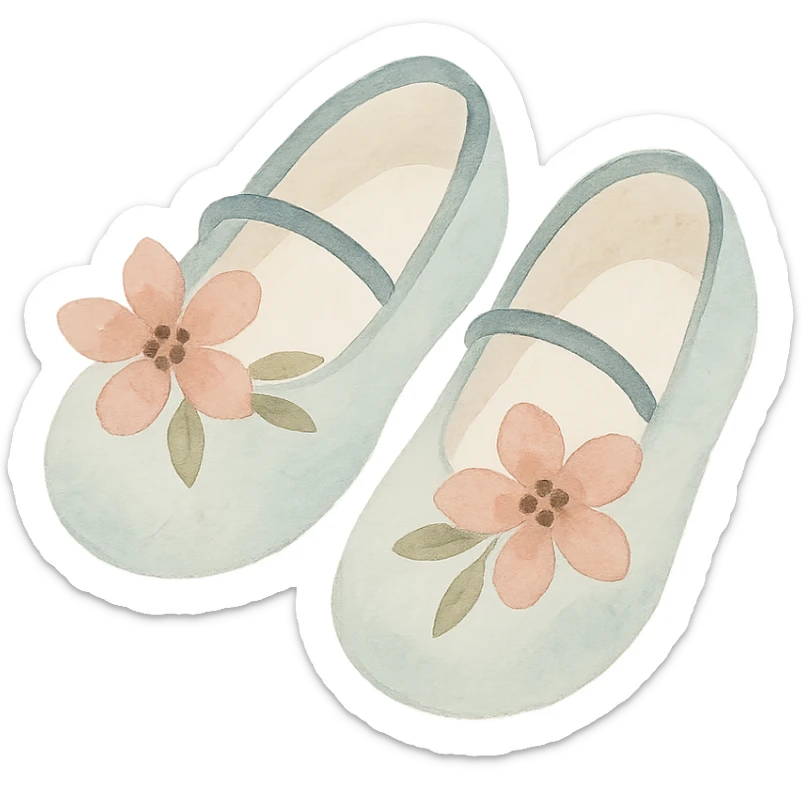 watercolor art illustration of a pair of tiny fairy shoes with floral decorations, calm pastel colors, white background, designed for sticker printing sticker