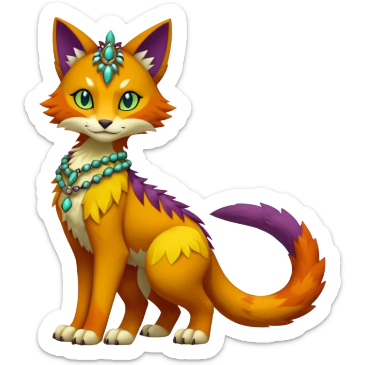 Kawaii cute reddish orangish yellowish greenish purplish exotic tribal beautiful pretty elegant divine edgy feline-vernid-sergal-Fakémon-Pokémon-Digimon-fursona-animal-creature with bracelet, necklace, full body, with intricate detailed markings sticker