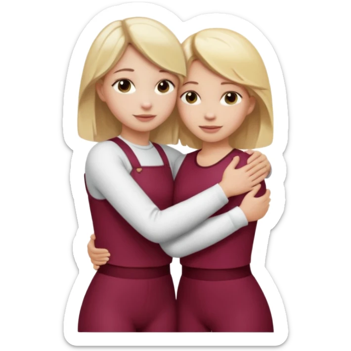 two girls who hug eachother. one has medium blonde hair with blonde highlights and very pale skin , other has medium skintone and blush and blonde hair. girl with medium blonde hair is wearing a white outfit and girl with blonde hair is wearing a burgundy outfit sticker