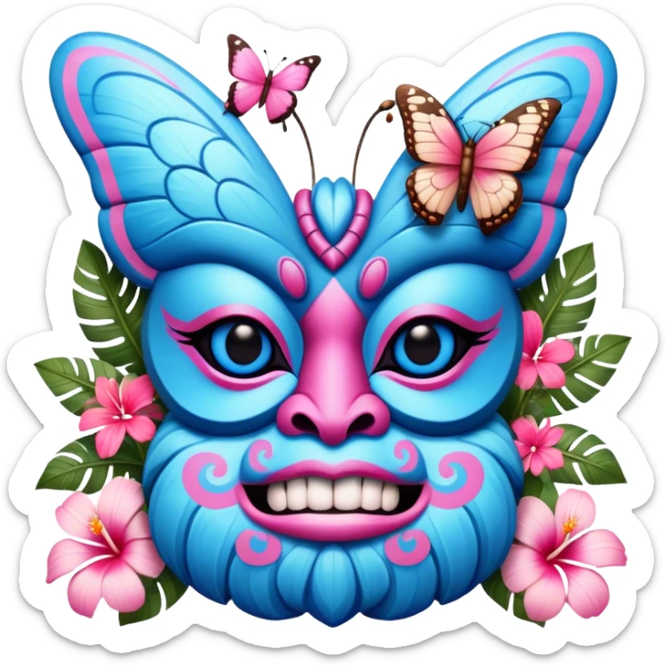 Pixar style little Blue and pink tiki singing with a butterfly and tropical flowers, ultra detailed and lifelike imagery, realistic sticker