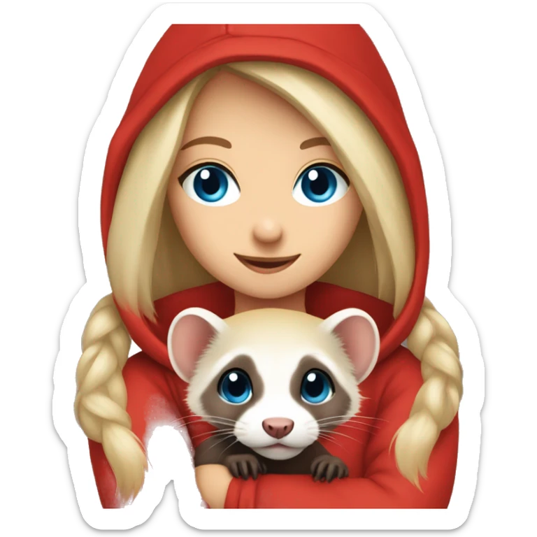 Ferret in hands of a blond girl with blue eyes in red hoodie  sticker