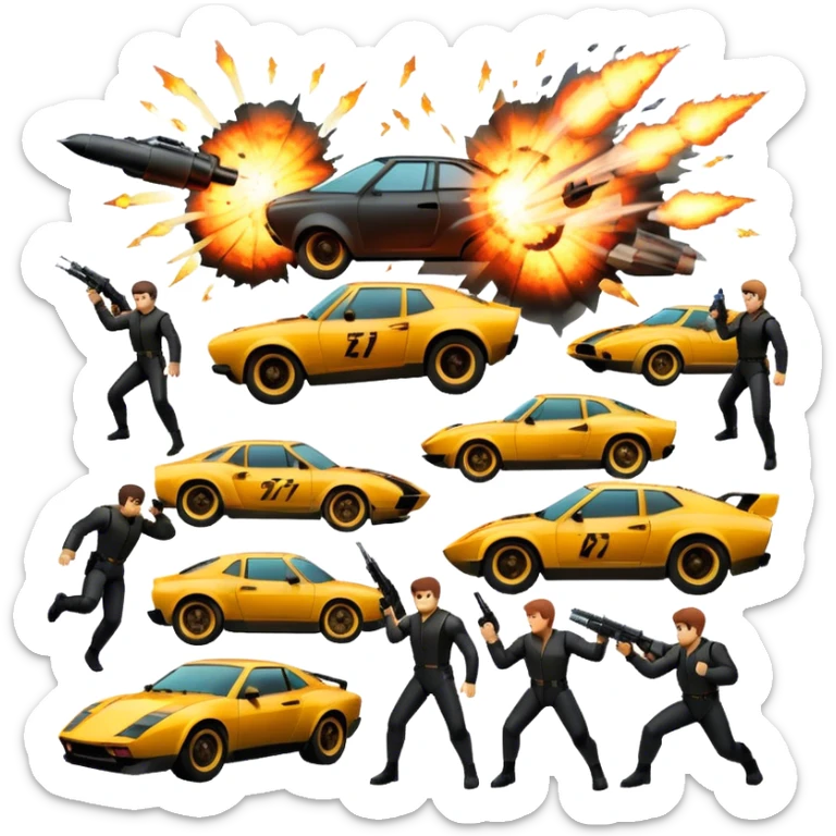 Photorealistic Icon for Action Movies: Close-up Dynamic collage of iconic action movie scenes featuring explosions, fast cars, combat, and weapons. Include silhouettes of famous action heroes, dramatic lighting, and a sense of high-octane energy. Transparent background. sticker