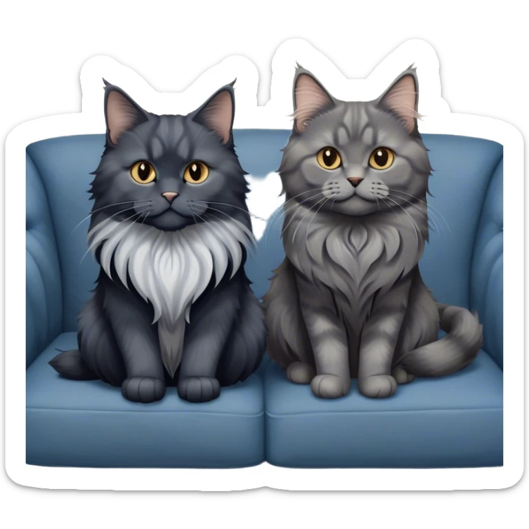 Portrait of a black smoke Maine Coon cat with long grey ear tufts, alongside a British Shorthair cat with a solid blue coat on sofa. Both cats with detailed fur textures and playful expressions. Soft, elegant background of room with warm, natural tones. Transparent background. sticker