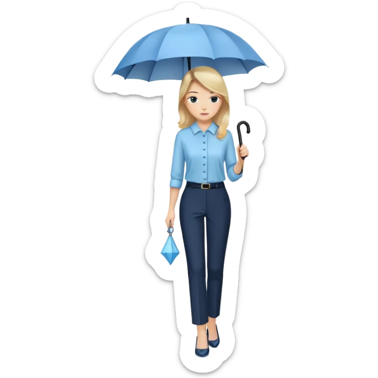 female smart light blue blouse, dark trousers, shoes. one hand holding an umbrella sticker