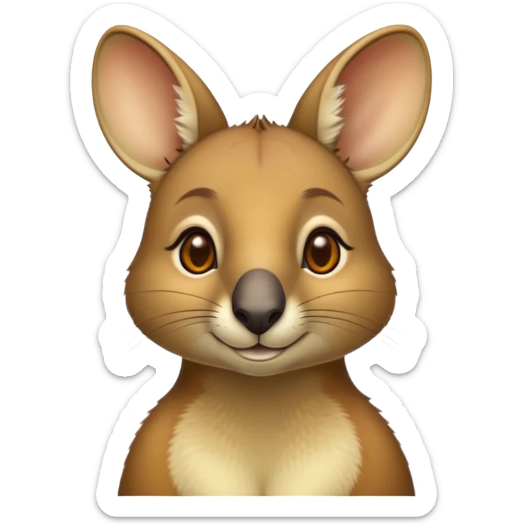 Cinematic Noble Wallaby Portrait Emoji, Poised and regal, with a compact, agile build and a soft, well-groomed fur of warm tan and light brown hues, deep-set soulful amber eyes and perky ears, Simplified yet sharp and sophisticated features, highly detailed, glowing with a soft, dignified glow, high shine, intelligent and spry, stylized with an air of bushland elegance, focused and attentive, soft glowing outline, capturing the essence of a watchful and confident marsupial, so majestic it feels as though it could hop out of the screen with effortless authority! sticker