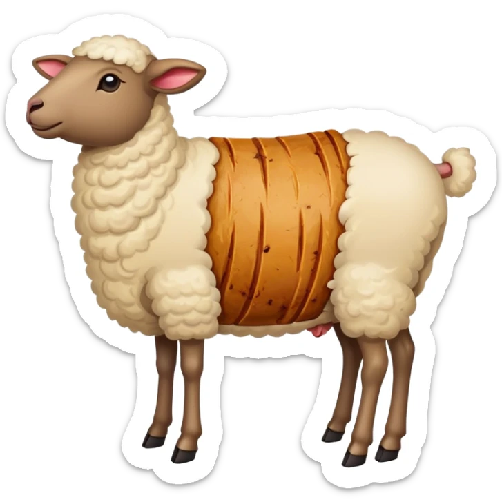 Xinjiang whole roasted lamb on spit with spices, simplified emoji style with bold outlines and bright colors, cartoon style entire cooked sheep sticker