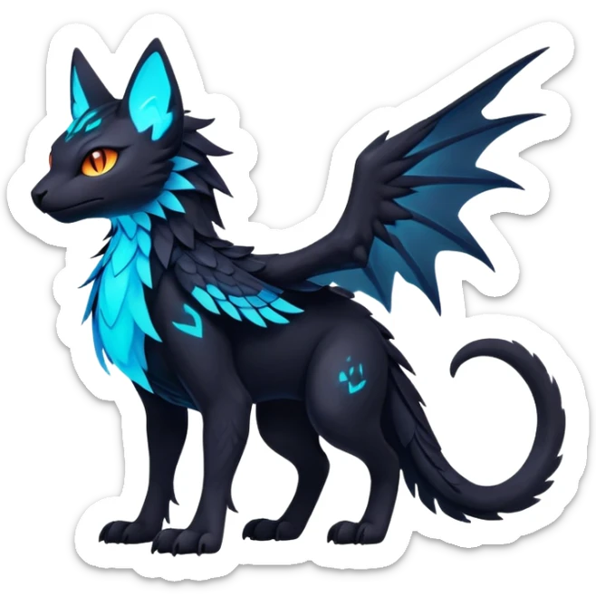 Black Dark Exotic Beaked Feathery Nocturnal Neon-glowing Abyssal Nightly Abyss-Cat-Gryphon-Salandit-Nargacuga-Silvally-Fakémon Creature (full body) sticker