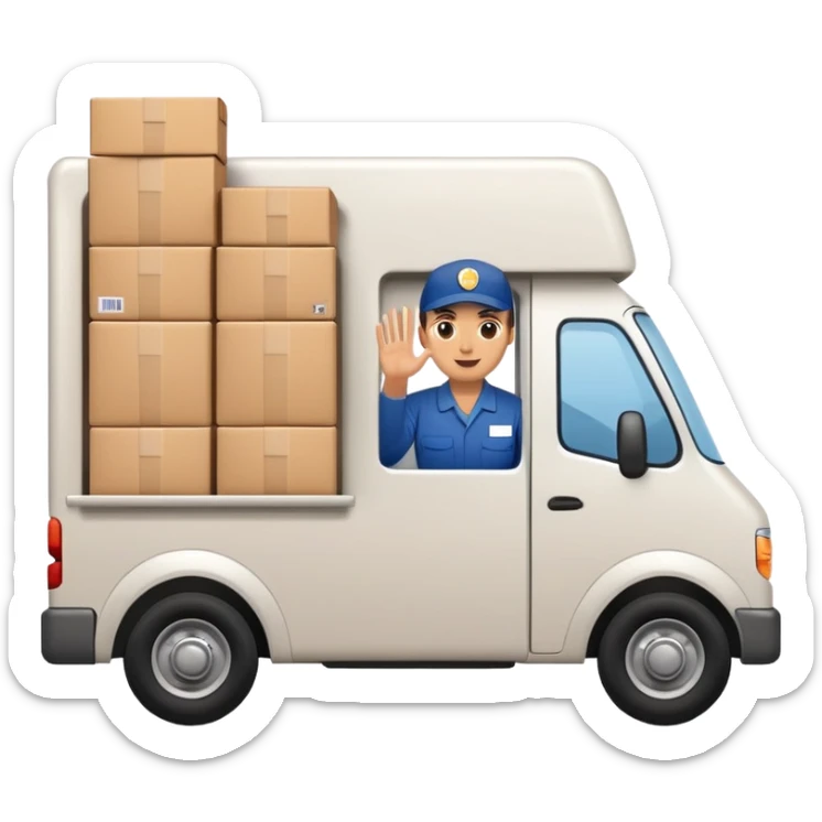 delivery truck driving with a supplier waving from the window, full of packages sticker