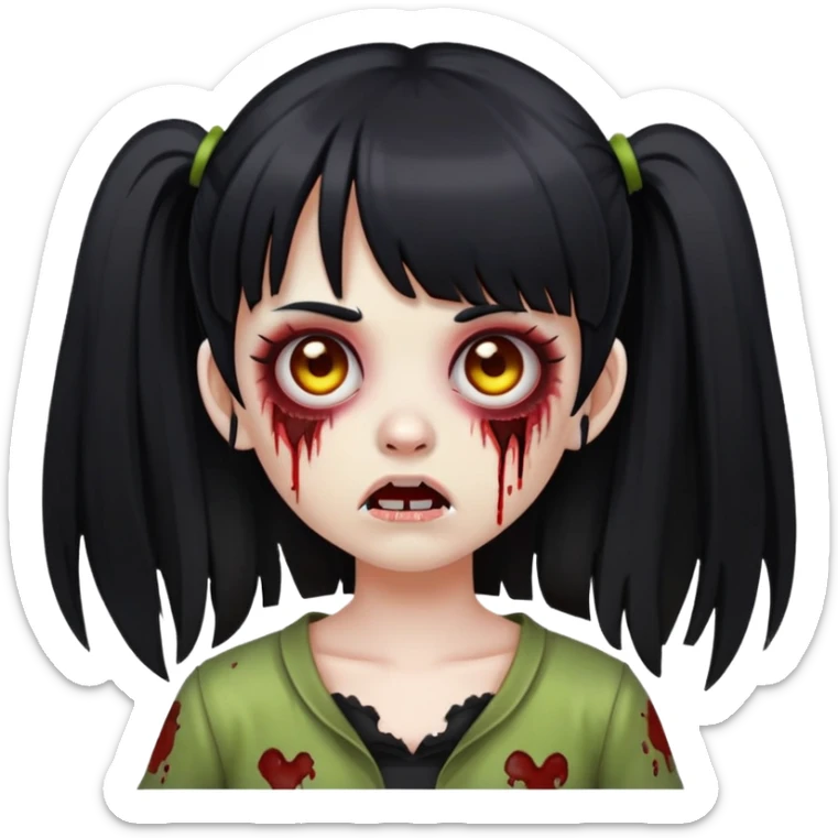 Generate an girl zombie emoji with Black straight hair bangs and pigtails  sticker