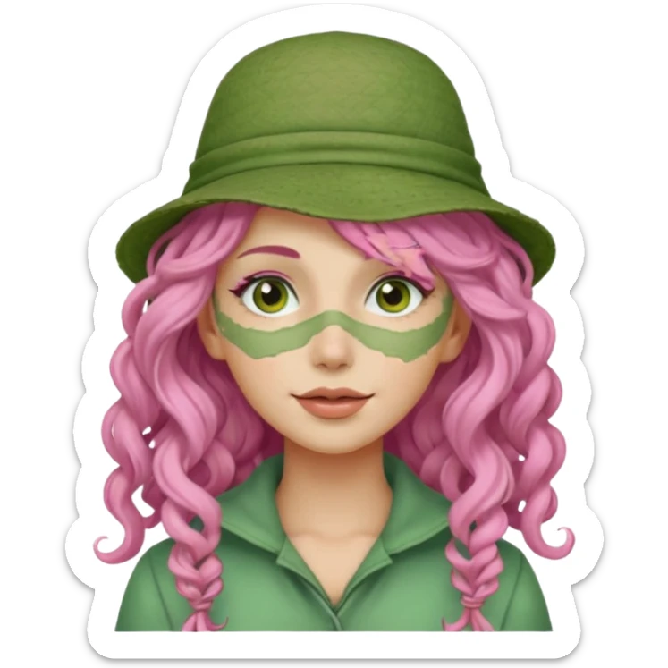 pink haired very long curly haired woman with full full face green clay mask and a hat sticker