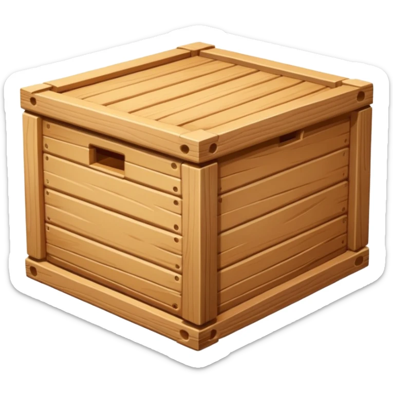 wooden box emoji, log resting diagonally inside an open crate, detailed wood grain, bright and clean, apple emoji style sticker