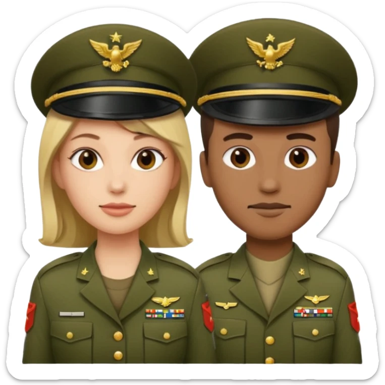 one emoji (female) wearing Army combat uniform and a second emoji (male) wearing the army green service uniform sticker