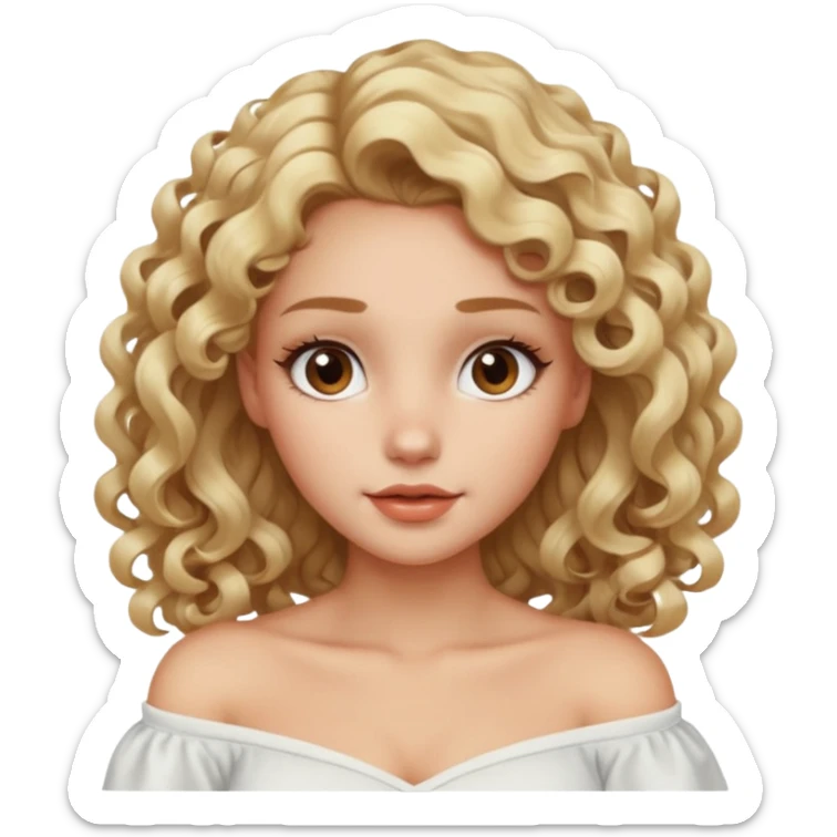 exaggerated features of woman with curly long blond hair, brown eyes, wearing an off-shoulder top,  sticker