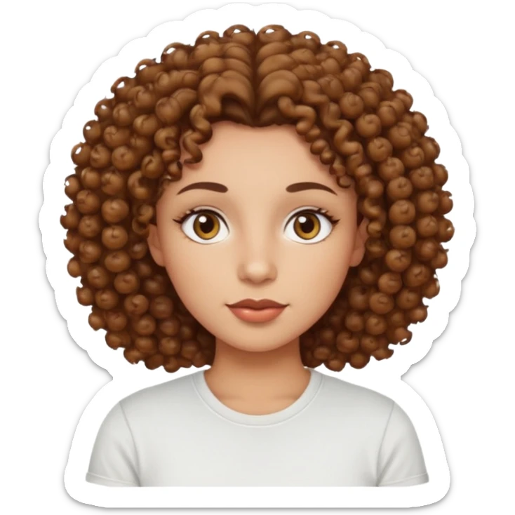 
professional, curly brown lady with hazel eyes, a little dot on the top of the left lip, a normal t shirst sticker
