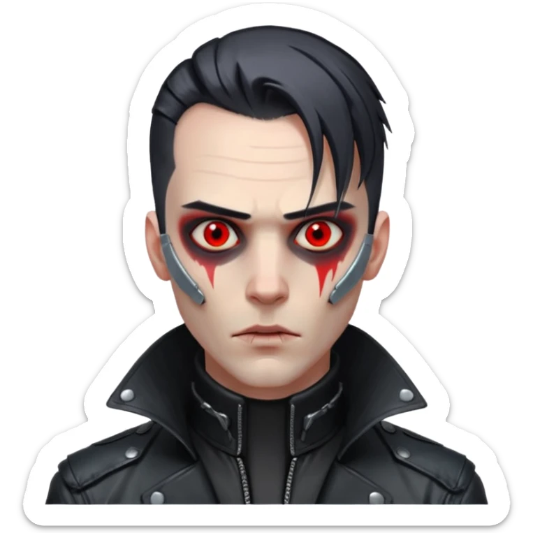 Cyberpunk man, slicked hair, silver metal jaw prosthetic, glowing red eyes, cold expression, clinical lighting sticker