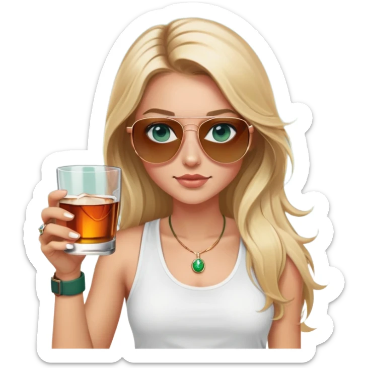 girl with long blond hair
with blue eyes
and aviator sunglasses
wearing white tank top 
holding a glass of whiskey 
wearing (rose gold apple watch with forest green band) sticker