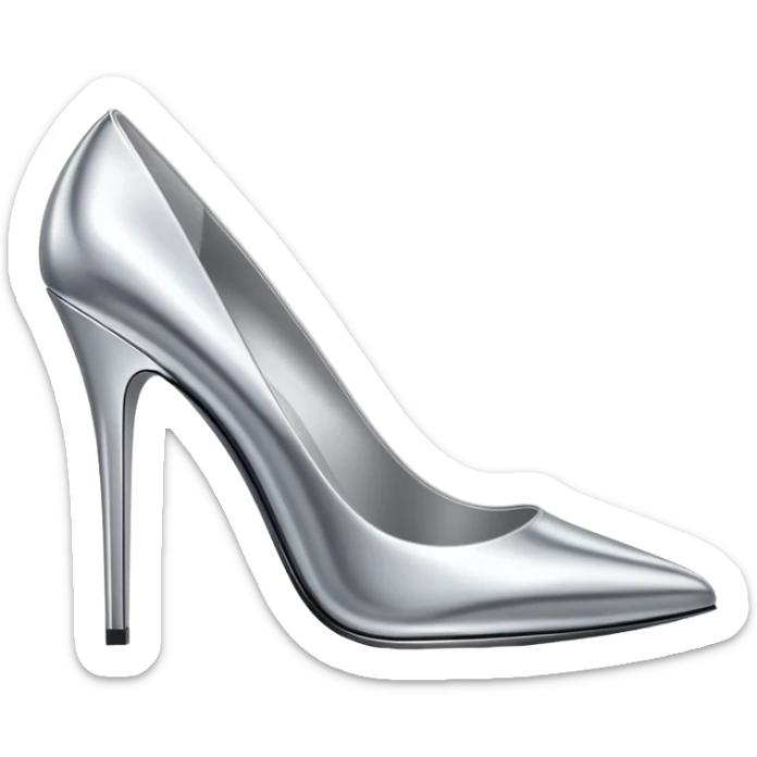 A pair of high heel shoes emoji made of polished silver chrome, elegant sharp silhouette, smooth metallic surface, glossy reflections, luxury sexy vibe, minimalistic iOS emoji style, centered, clean white background sticker