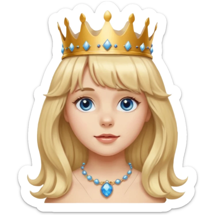 simple Blonde girl with bangs, long seductive hair and blue eyes, and a simple crown. giving cockerspaniel energy head only sticker