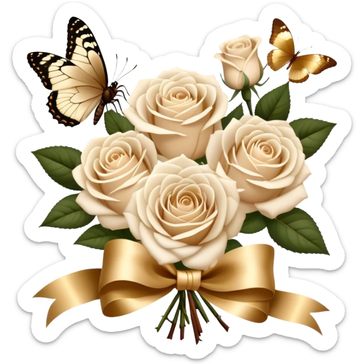 A bouquet of white Ascott tea roses next to a beige aesthetic and a brown beautiful butterfly and a gold silk ribbon sticker