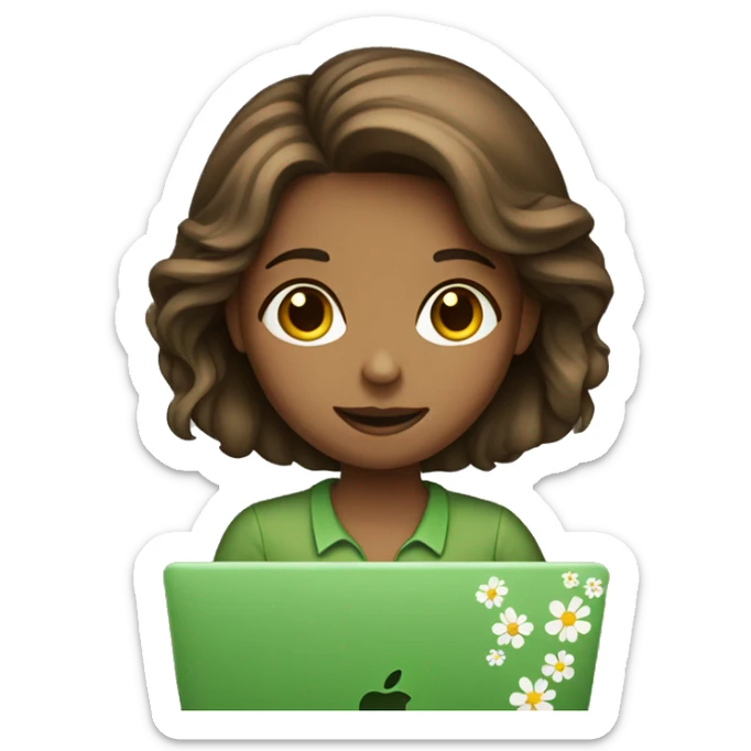 Brown hair girl with a green shirt with a flower on it working on a MacBook  sticker