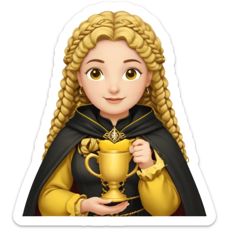 Helga Hufflepuff, 2 curly thick brown braids, yellow-black medieval dress, black cloak decorated with gold braiding, tiny two-handled shiny yellow-gold cup, very kind smile, curvy busty sweet woman, thick rosy cheeks sticker