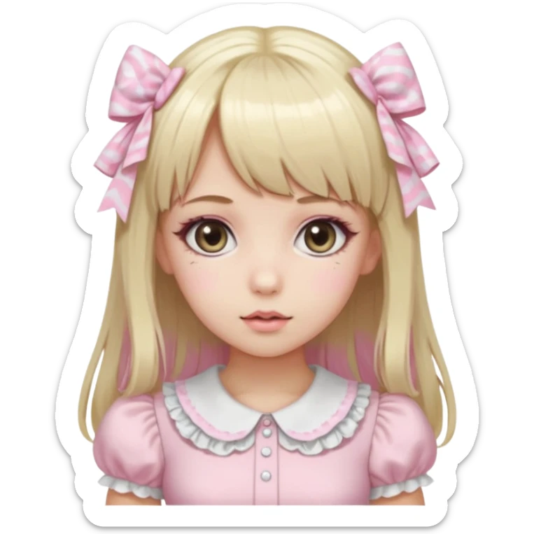 pale girl , who has straight hair medium length blonde and baby pink swirled hair with bangs , grey eyes , and doll like makeup , in a light pink lolita hime gyaru dress emoji | AI Emoji Generator sticker