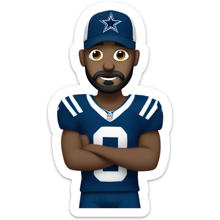 Bald white male with dark brown beard holding dark blue Dallas Cowboys hat. He’s crying because he’s ashamed of being bald  sticker