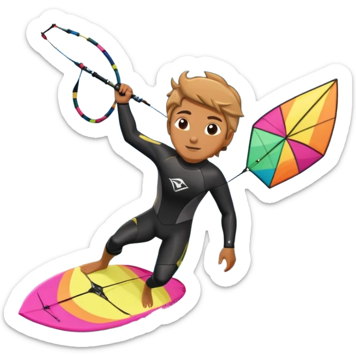 A professional kite surfer riding the waves, holding the kite in front of them as the wind fills the sail, propelling them across the water. The backdrop features a stunning landscape with a vibrant sky, crashing waves, and a sense of motion and adventure. sticker