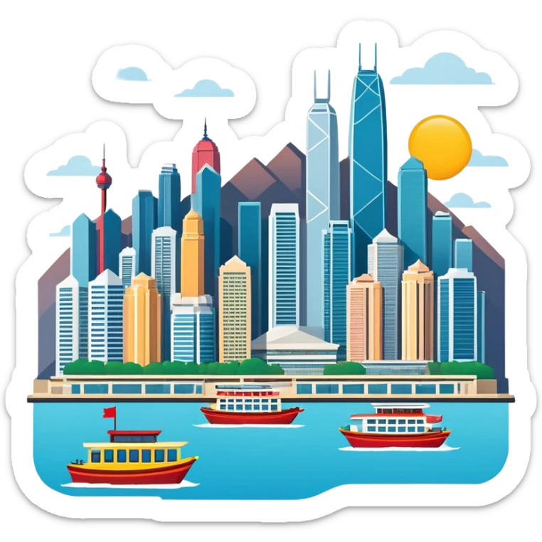 Hong Kong Victoria Harbor skyline, simplified emoji style with bold outlines and bright colors, cartoon style city view with tall buildings sticker