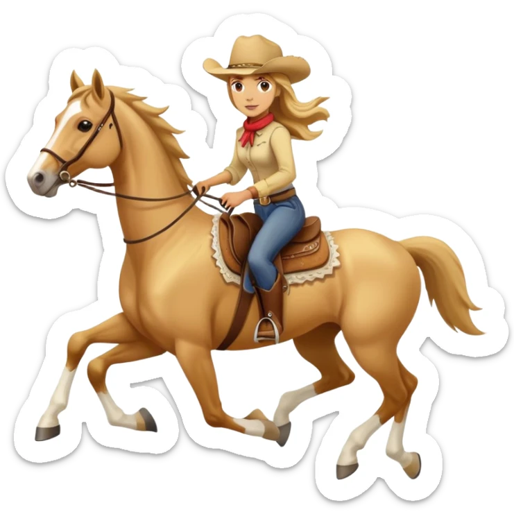 yellow palomino horse running with 4 legs a woman rider with brown hair and a cowboy hat sticker