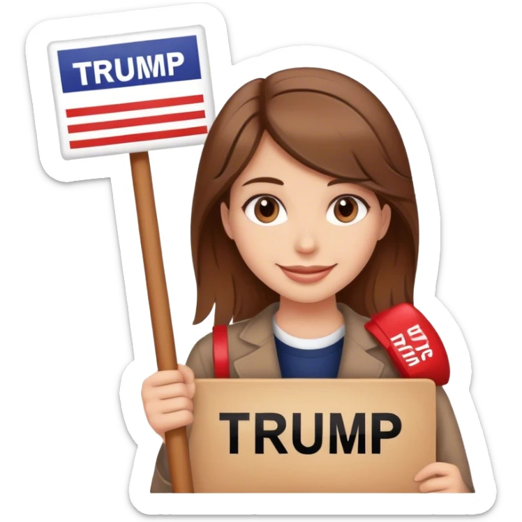 smiling girl with brown hair with a protest Trump sign sticker