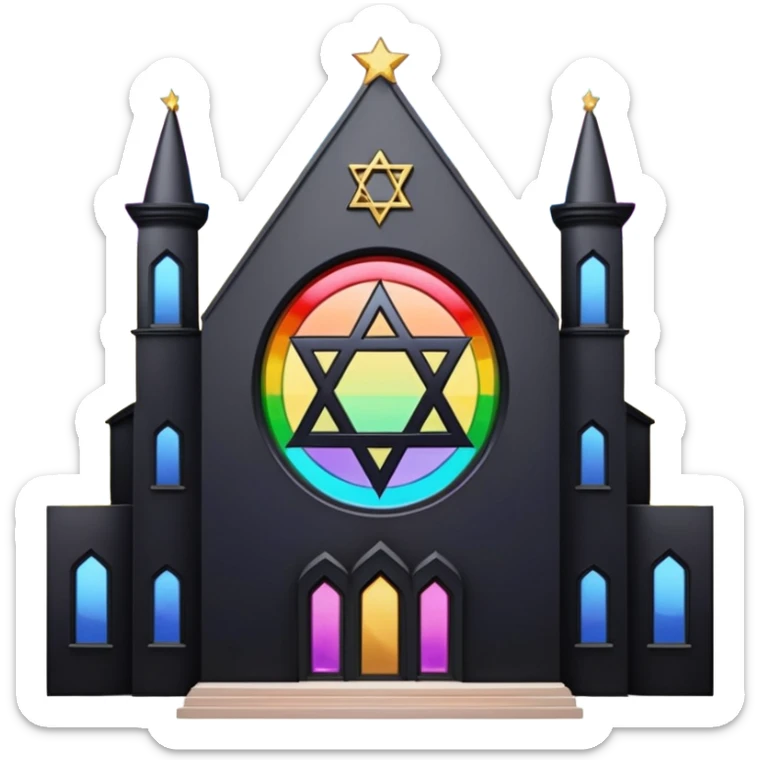 jewish synagogue temple in dark goth aesthetic style with black building and rainbow tint glass windows and star of david and celestial symbolism of peace and acceptance  sticker