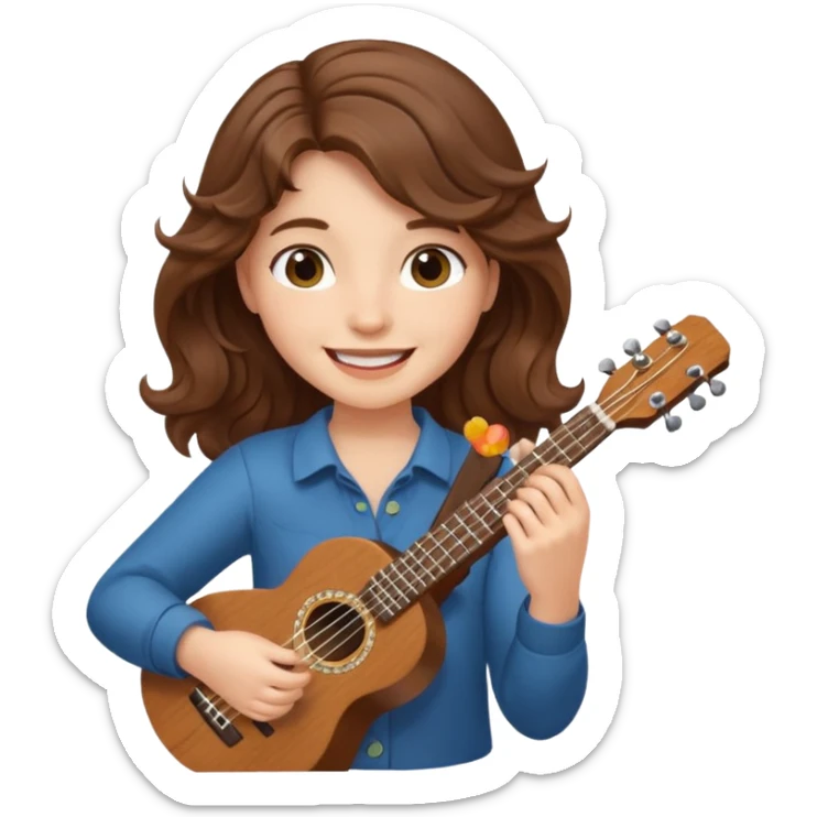 A fair-skinned girl with wavy brown hair is playing the ukulele. sticker