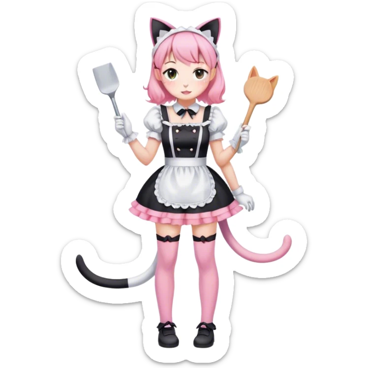 Black white and pink maid dress and thigh high leggings and cat ears loose clothes sticker