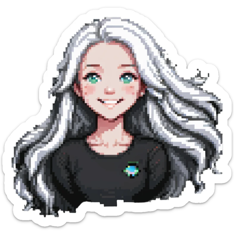 smiling girl with long, flowing hair and white skin sticker