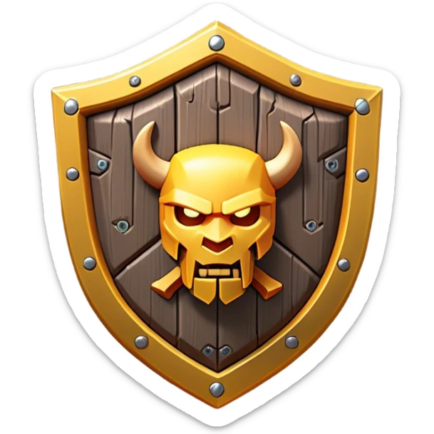 Clash of Clans aesthetic: Cinematic Playful 3D Isometric Shield Emoji, rendered in a 3D vector-style similar to standard emojis with minimal shading and bold, simplified shapes. A compact, distinct form with signature details, softly glowing with a fantasy RPG magic charm. Simplified yet unmistakably iconic, highly detailed and consistent, glowing with a soft radiance and high shine. Stylized with a touch of heroic grandeur and a soft glowing outline, capturing the essence of a beloved gaming relic with a friendly, playful manner! sticker