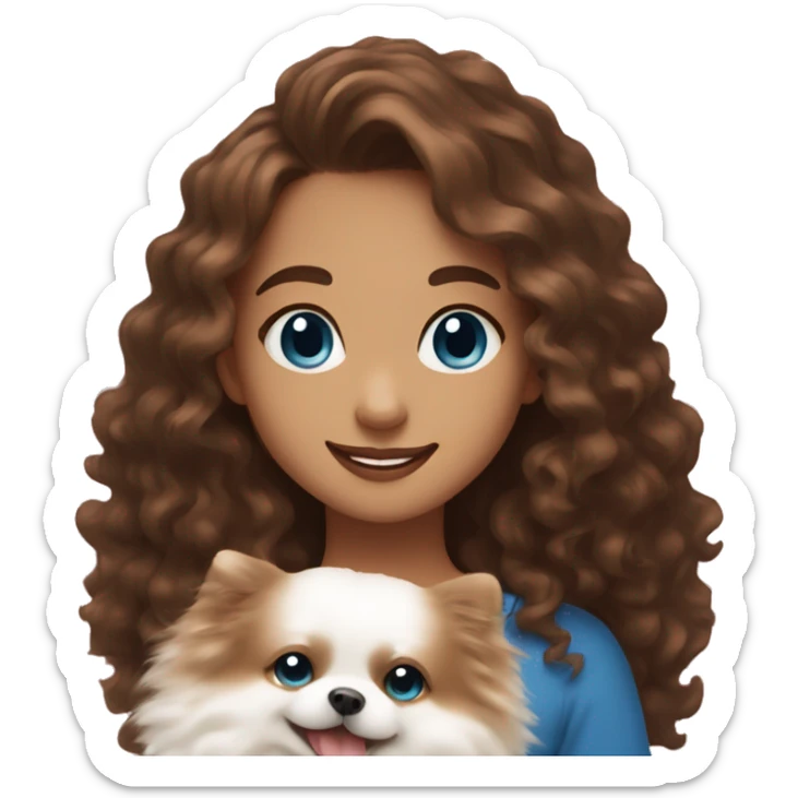 Girl long curly brown hair smiling and blue eyes and holding a white pomeranian in her arms sticker