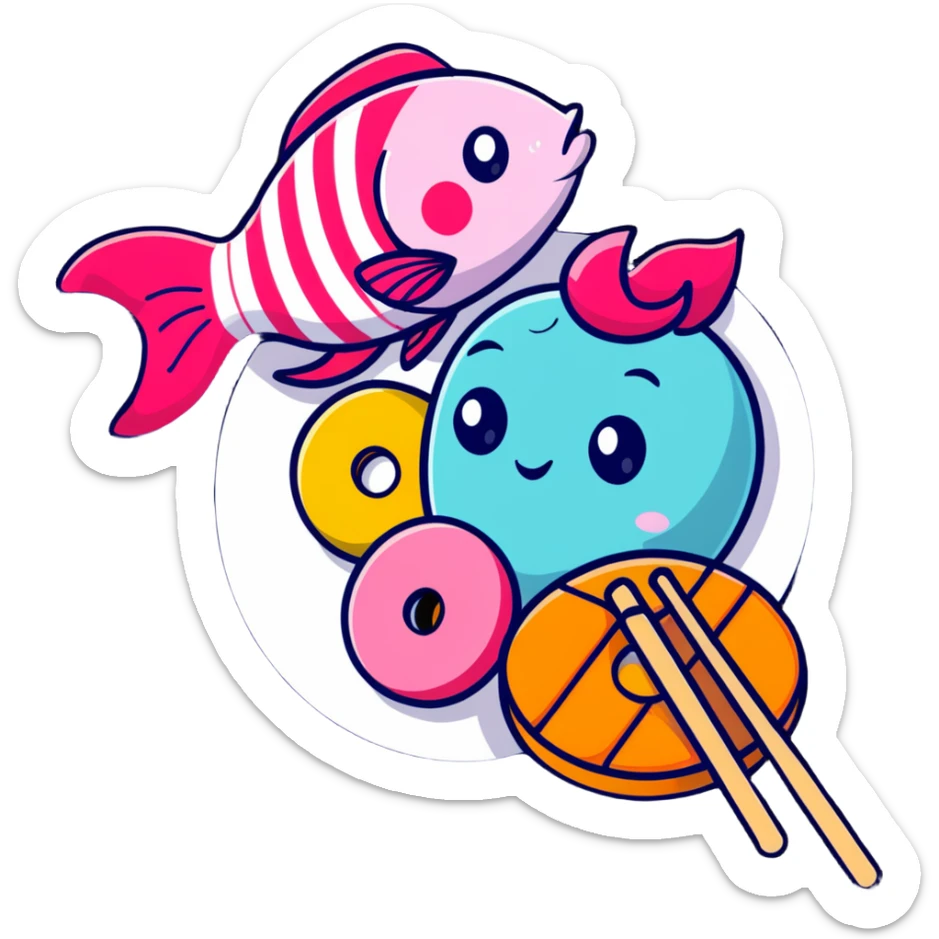 A cute arrangement of red apple, fish cake with pink swirl, rice cracker, and tri-colored dango skewer as a food snack collection sticker