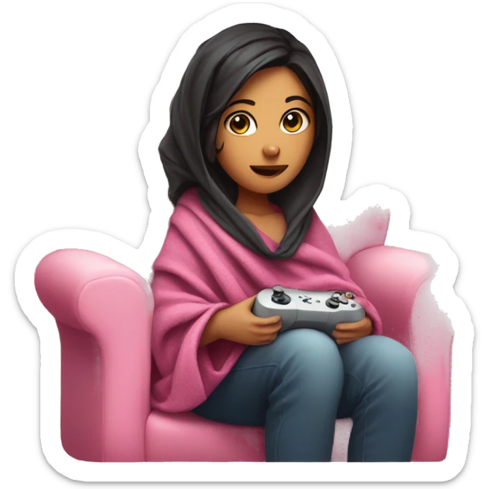 girl with dark hair wrapped up in a blanket sitting on a couch with a pink gaming controller in her hands sticker