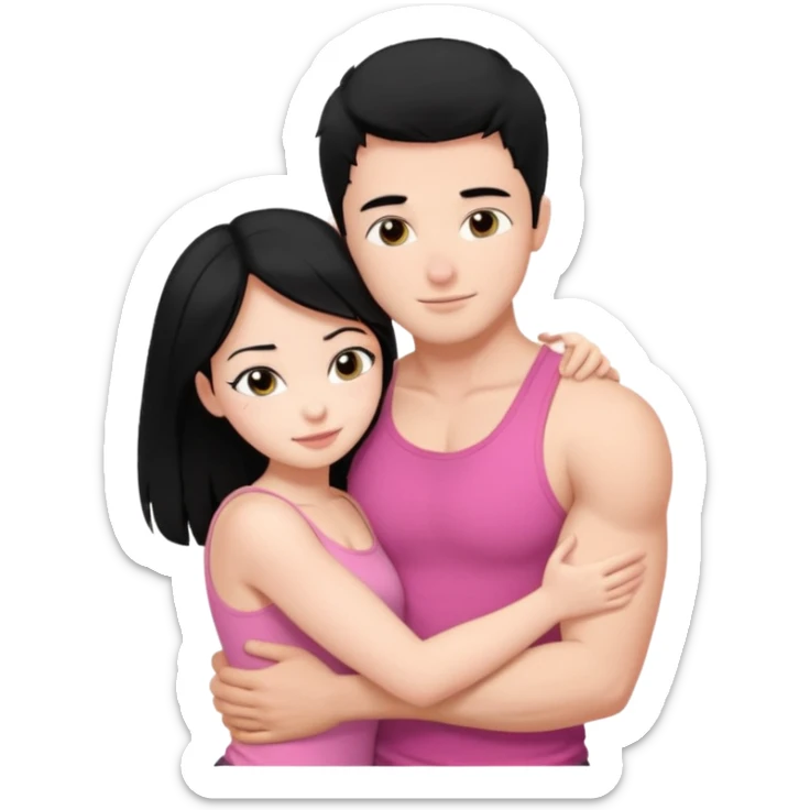 a pretty bratz fair girl. black hair, wearing a pink cami top hugging a handsome fair guy with black hair. lean but muscular who is wearing a black tshirt sticker