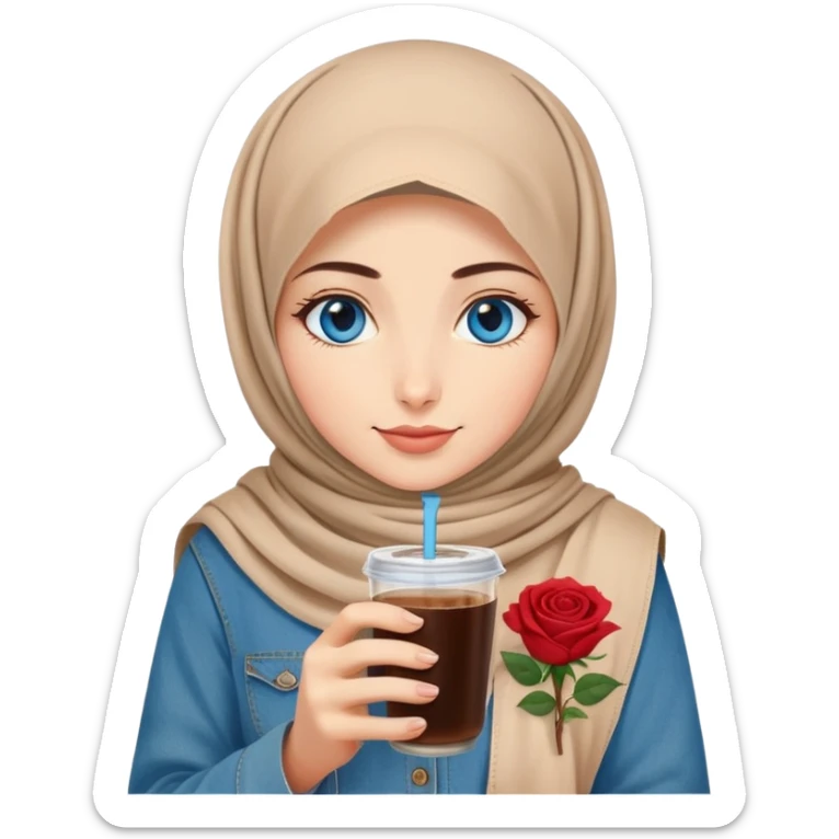 Turkish beautiful finish Konya girl blue eyes with beige denim hijab islamic dress and had on her hand Rose Cold brew coffee   sticker