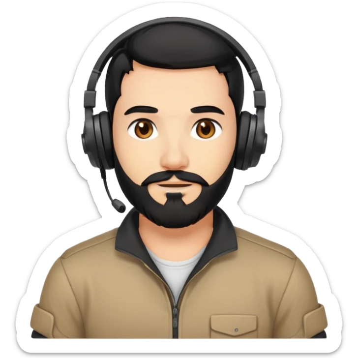 A person with black hair, brown eyes, and a black beard wearing a gaming headset with a thankful expression sticker